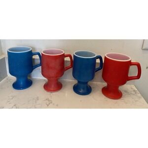 Set of 4 Vintage Anchor Hocking‎ Fire King Footed Pedestal Blue/Red Coffee Mugs